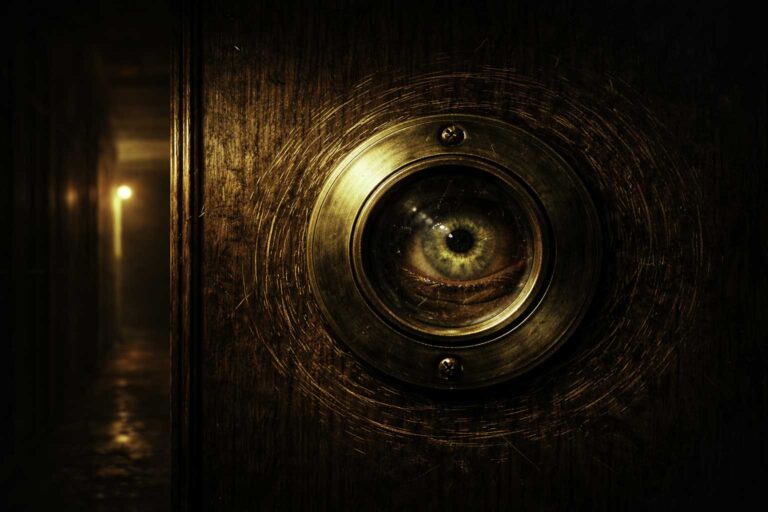Mirilla de latón en una puerta de madera con un ojo humano observando desde dentro de un pasillo oscuro.