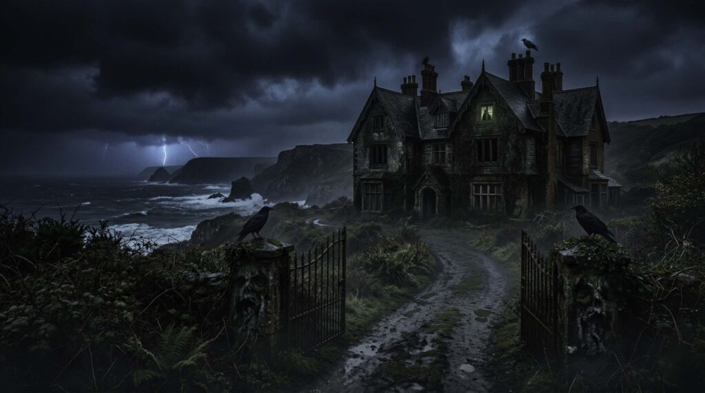 Casa antigua y aislada sobre un acantilado en una noche de tormenta, con una figura en sombra en el balcón superior observando hacia el exterior.