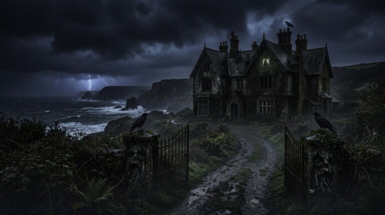 Casa antigua y aislada sobre un acantilado en una noche de tormenta, con una figura en sombra en el balcón superior observando hacia el exterior.