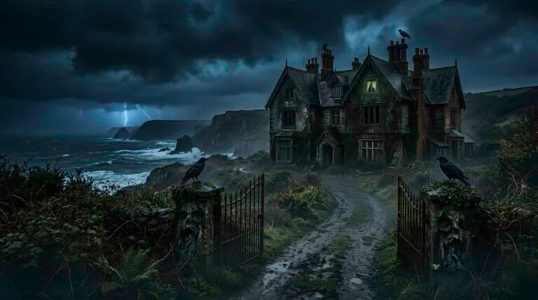Casa antigua y aislada sobre un acantilado en una noche de tormenta, con una figura en sombra en el balcón superior observando hacia el exterior.