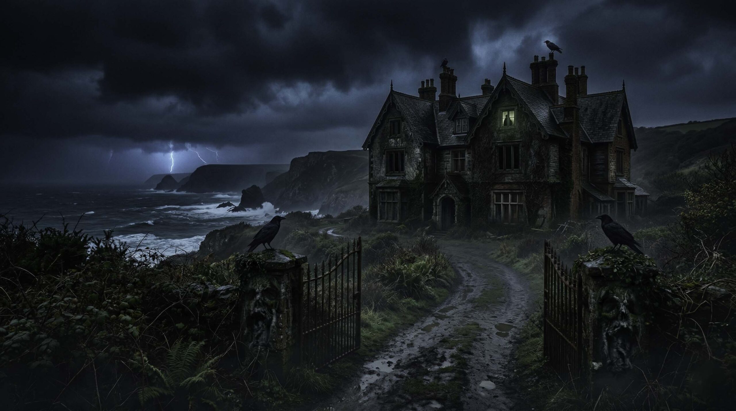 Casa antigua y aislada sobre un acantilado en una noche de tormenta, con una figura en sombra en el balcón superior observando hacia el exterior.