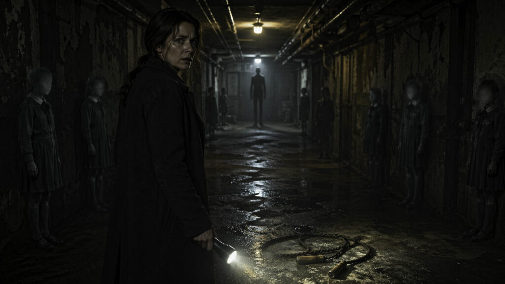 Mujer con linterna en el sótano de un internado abandonado, rodeada de figuras infantiles sin rostro y una presencia alta y oscura al fondo.