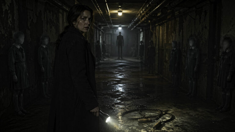 Mujer con linterna en el sótano de un internado abandonado, rodeada de figuras infantiles sin rostro y una presencia alta y oscura al fondo.