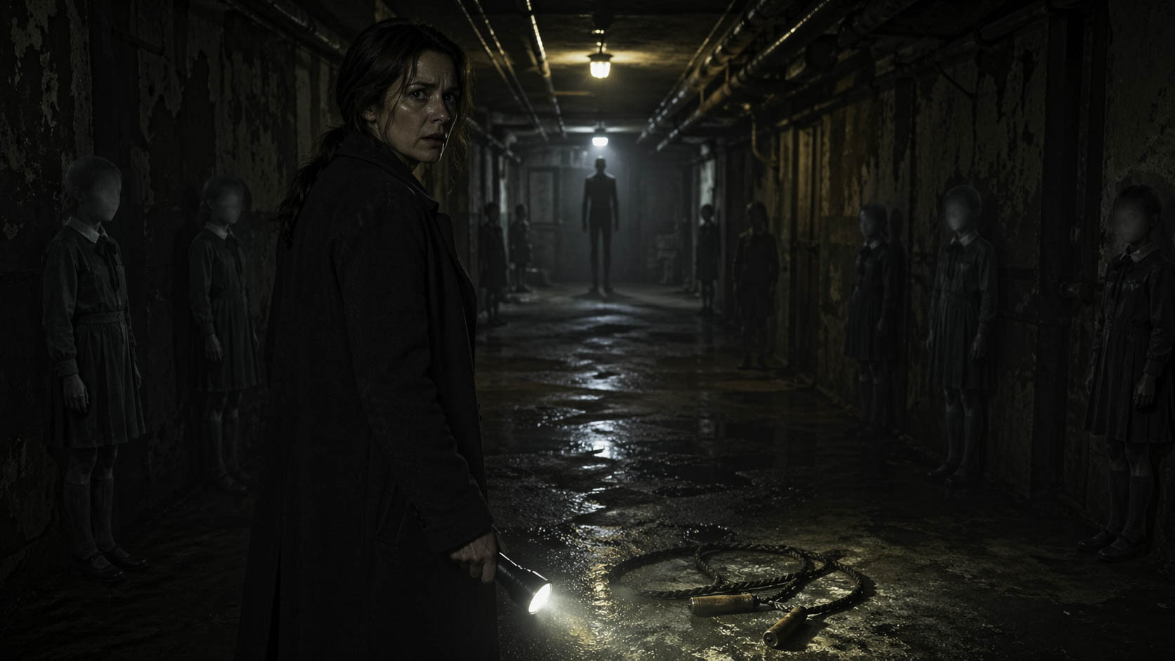 Mujer con linterna en el sótano de un internado abandonado, rodeada de figuras infantiles sin rostro y una presencia alta y oscura al fondo.