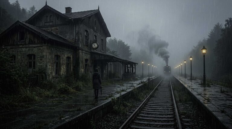 Estación abandonada entre niebla y lluvia en Puerto Niebla, con un andén fantasma iluminado y la silueta de una mujer frente a un tren silencioso.