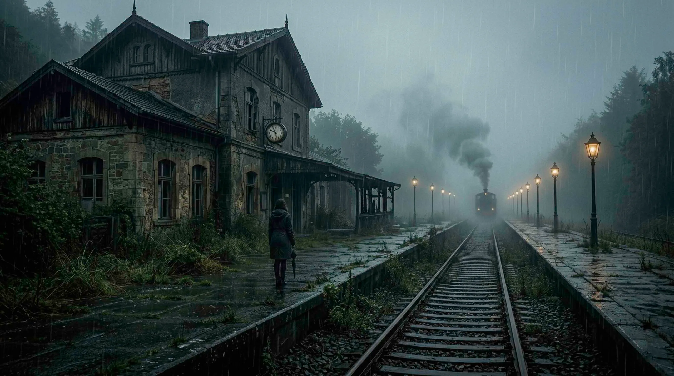 La estación de los nombres perdidos 1 Estación abandonada entre niebla y lluvia en Puerto Niebla, con un andén fantasma iluminado y la silueta de una mujer frente a un tren silencioso.
