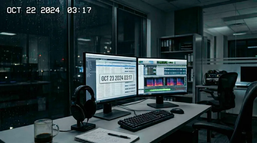 Habitación de un edificio administrativo de noche, con una sala de revisión de audio al fondo, una mujer con auriculares frente a varios monitores y un cuadro ligeramente torcido en la pared.