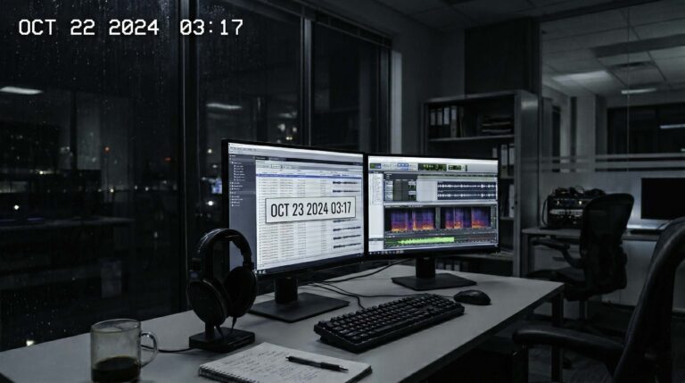 Habitación de un edificio administrativo de noche, con una sala de revisión de audio al fondo, una mujer con auriculares frente a varios monitores y un cuadro ligeramente torcido en la pared.