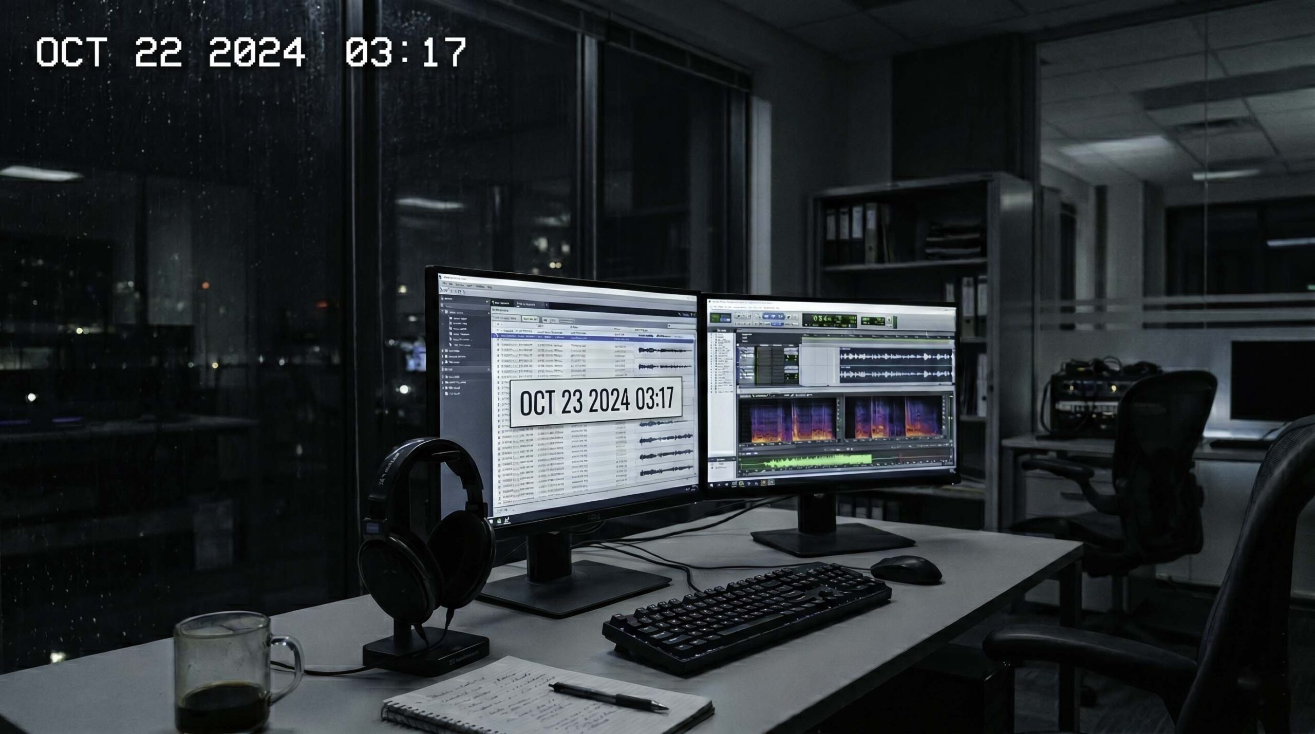 Habitación de un edificio administrativo de noche, con una sala de revisión de audio al fondo, una mujer con auriculares frente a varios monitores y un cuadro ligeramente torcido en la pared.