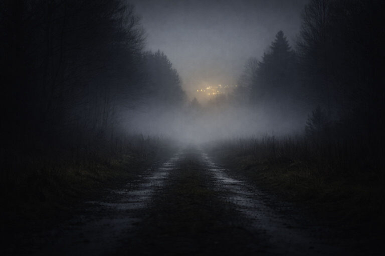 camino en la niebla con luz lejana atmósfera de misterio y suspense