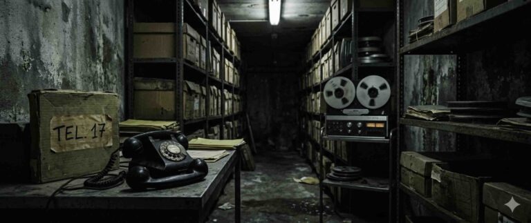 Teléfono negro antiguo y cinta de carrete sobre una mesa metálica en un archivo subterráneo del ayuntamiento, con estanterías y un magnetófono al fondo.