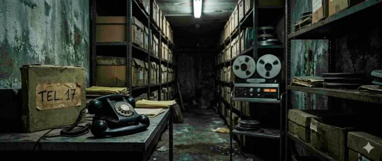 Teléfono negro antiguo y cinta de carrete sobre una mesa metálica en un archivo subterráneo del ayuntamiento, con estanterías y un magnetófono al fondo.
