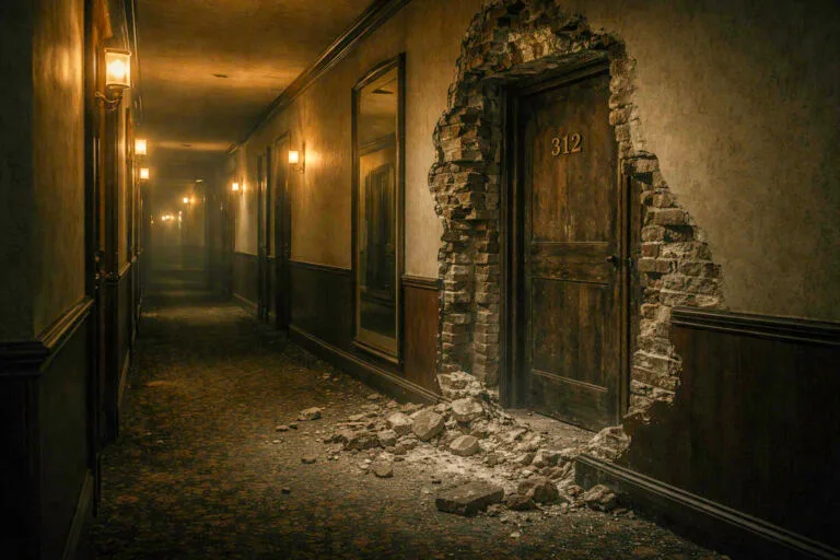 Pared de hotel con doble fondo y puerta secreta con número de habitación 312