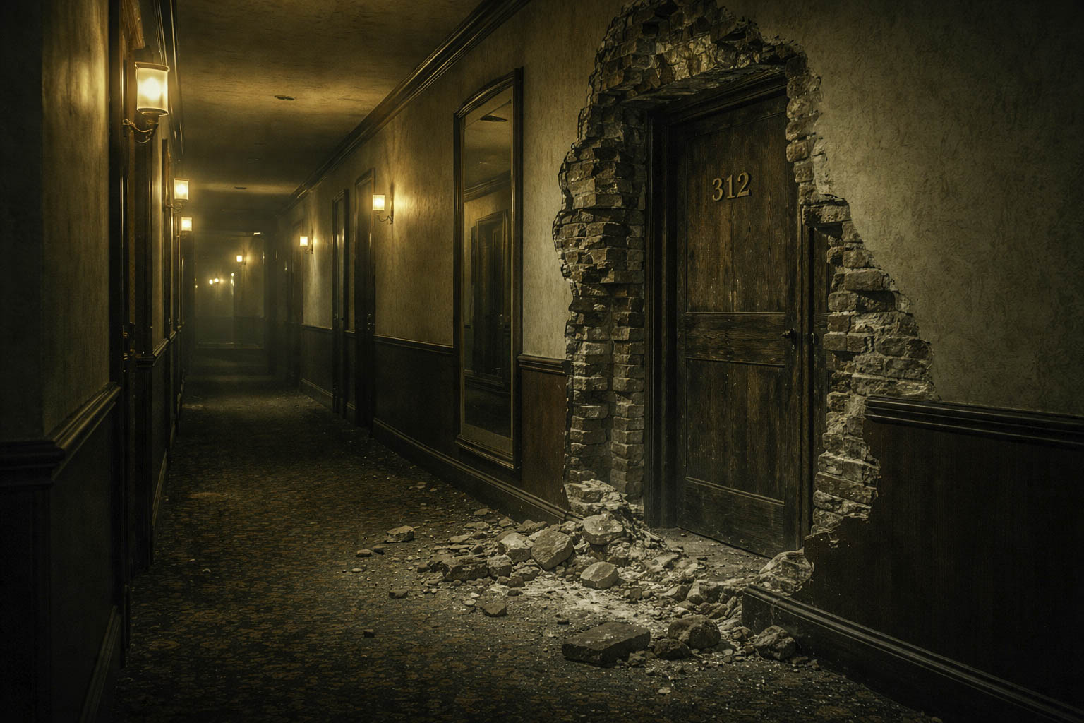 Pared de hotel con doble fondo y puerta secreta con número de habitación 312