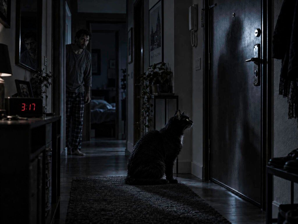 Gato negro sentado frente a la puerta de un piso a las 3:17 de la madrugada, mientras un hombre observa desde el pasillo en una escena de terror psicológico.