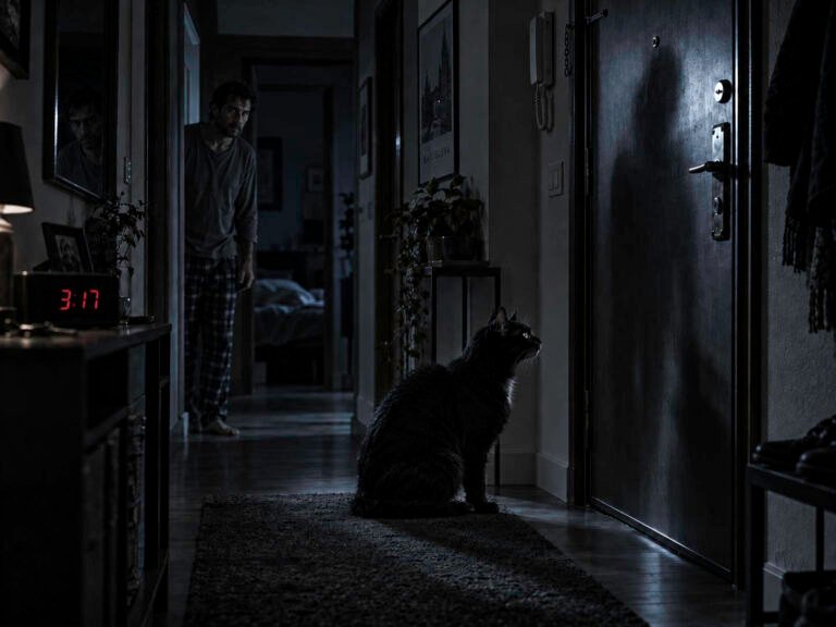 Gato negro sentado frente a la puerta de un piso a las 3:17 de la madrugada, mientras un hombre observa desde el pasillo en una escena de terror psicológico.