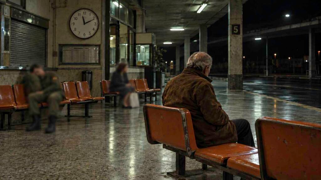 Hombre mayor de espaldas, con chaqueta de ante marrón, sentado en un banco naranja del andén 5 de una estación de autobuses de noche. Al fondo, un soldado dormido y una mujer con una bolsa aparecen desenfocados, bajo un reloj detenido en las once y diez.