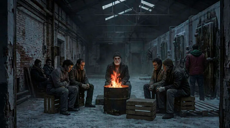 Ocho hombres reunidos en una fábrica de hielo abandonada, siete sentados alrededor de un bidón con fuego y otro de espaldas junto a las cámaras frigoríficas.