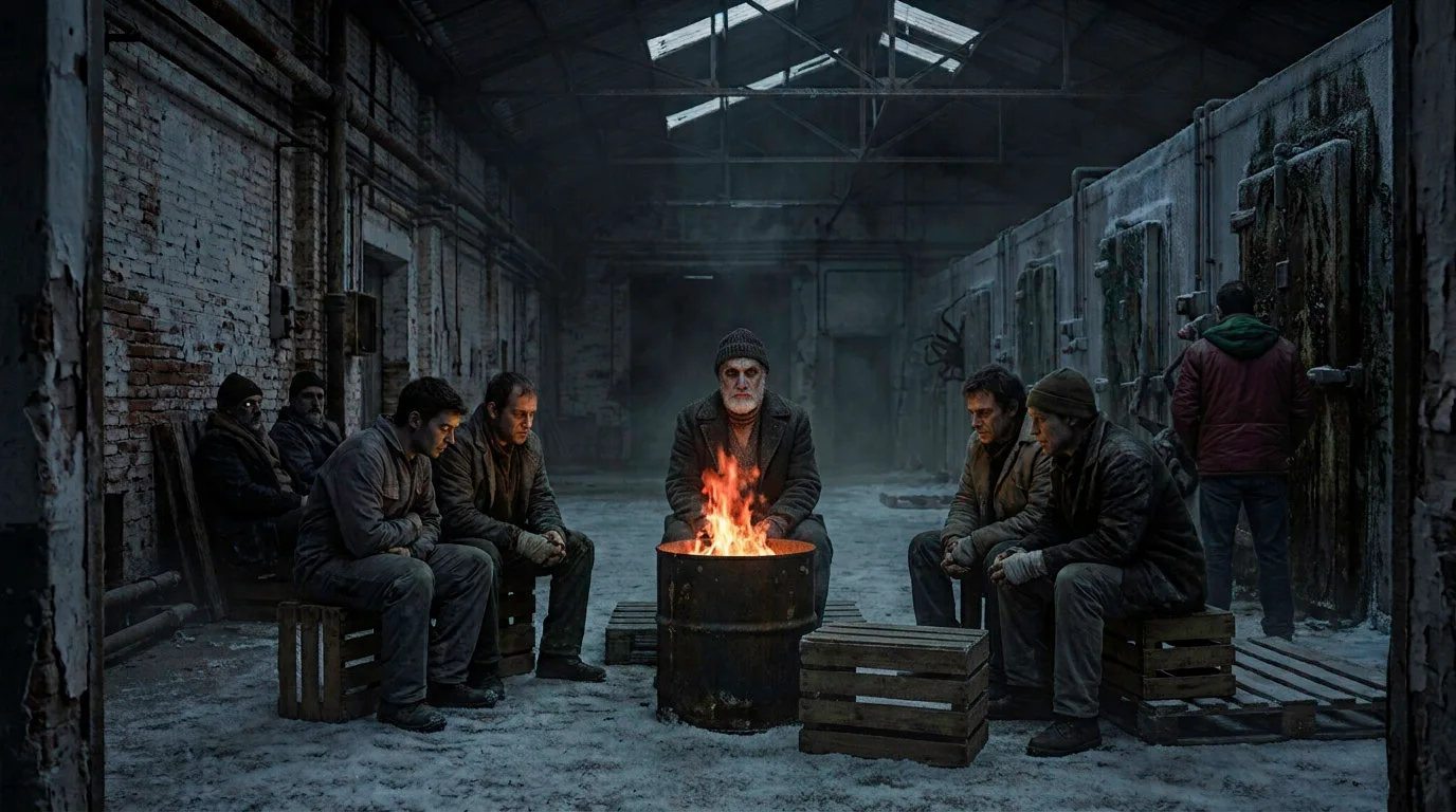 Ocho hombres reunidos en una fábrica de hielo abandonada, siete sentados alrededor de un bidón con fuego y otro de espaldas junto a las cámaras frigoríficas.