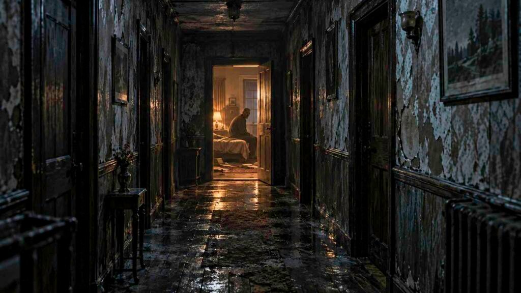 Pasillo oscuro de un hotel abandonado con una puerta iluminada al fondo, donde un anciano permanece sentado en una habitación imposible.