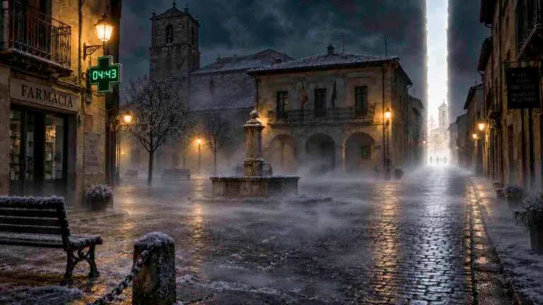Plaza castellana vacía de madrugada, cubierta de escarcha y niebla, con una farmacia marcando las 04:43 y una extraña franja de luz diurna al fondo donde se distinguen varias siluetas.