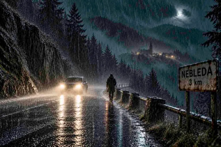 Carretera de montaña bajo una lluvia intensa, con un coche, una figura caminando sin paraguas y un cartel que indica Nebleda a 3 km.