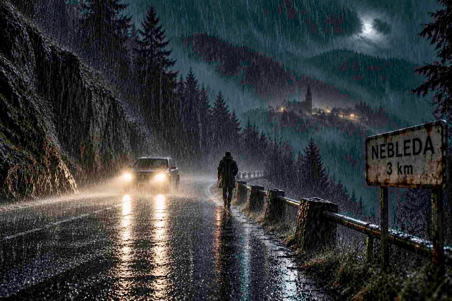 Los que esperan bajo la lluvia 1 Carretera de montaña bajo una lluvia intensa, con un coche, una figura caminando sin paraguas y un cartel que indica Nebleda a 3 km.