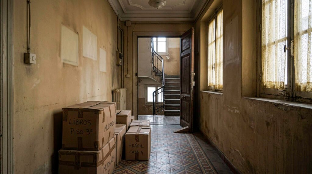 Pasillo de un piso antiguo con cajas de mudanza y la puerta de entrada sujeta con una cuña