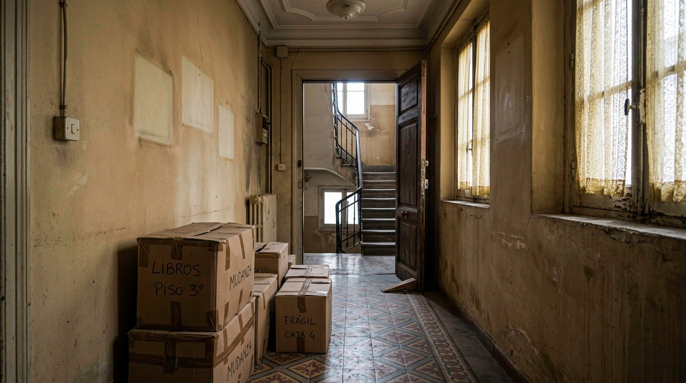 El piso que había que vaciar 1 Pasillo de un piso antiguo con cajas de mudanza y la puerta de entrada sujeta con una cuña