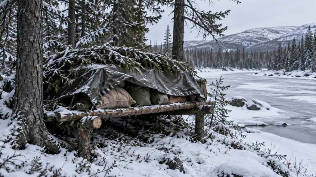 Recreación de un depósito de troncos en un bosque nevado de los Urales.