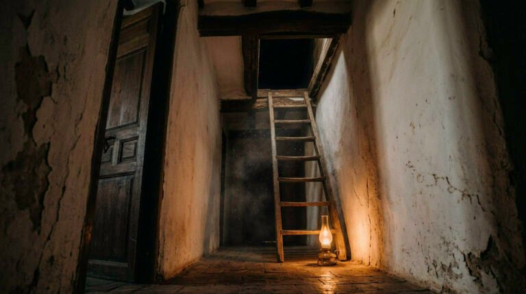 Trampilla abierta en el techo de una casa antigua, iluminada por un quinqué en la oscuridad