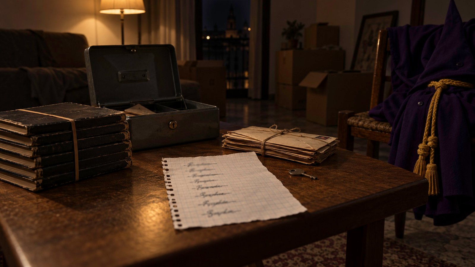 Lista manuscrita sobre una mesa junto a una caja metálica abierta, libretas y cartas antiguas, con un hábito morado en una silla.