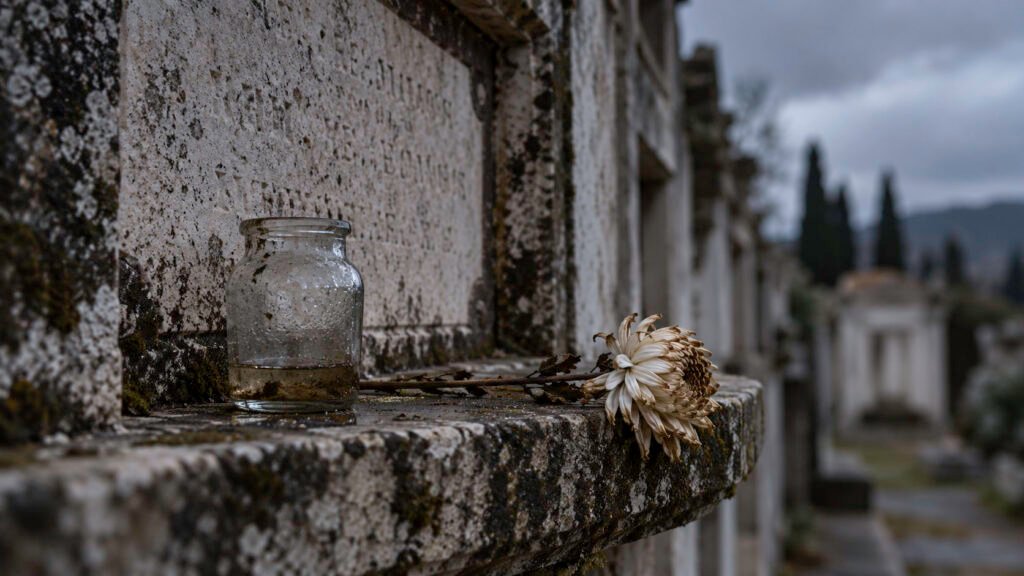 Lo que no debiste llevarte 2 Lápida antigua y desgastada en un cementerio, con un crisantemo blanco seco junto a un bote de cristal con restos de agua.