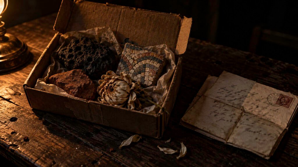 Paquete de cartón abierto sobre una mesa con una piedra volcánica, un fragmento de mosaico, un crisantemo seco y una carta manuscrita.