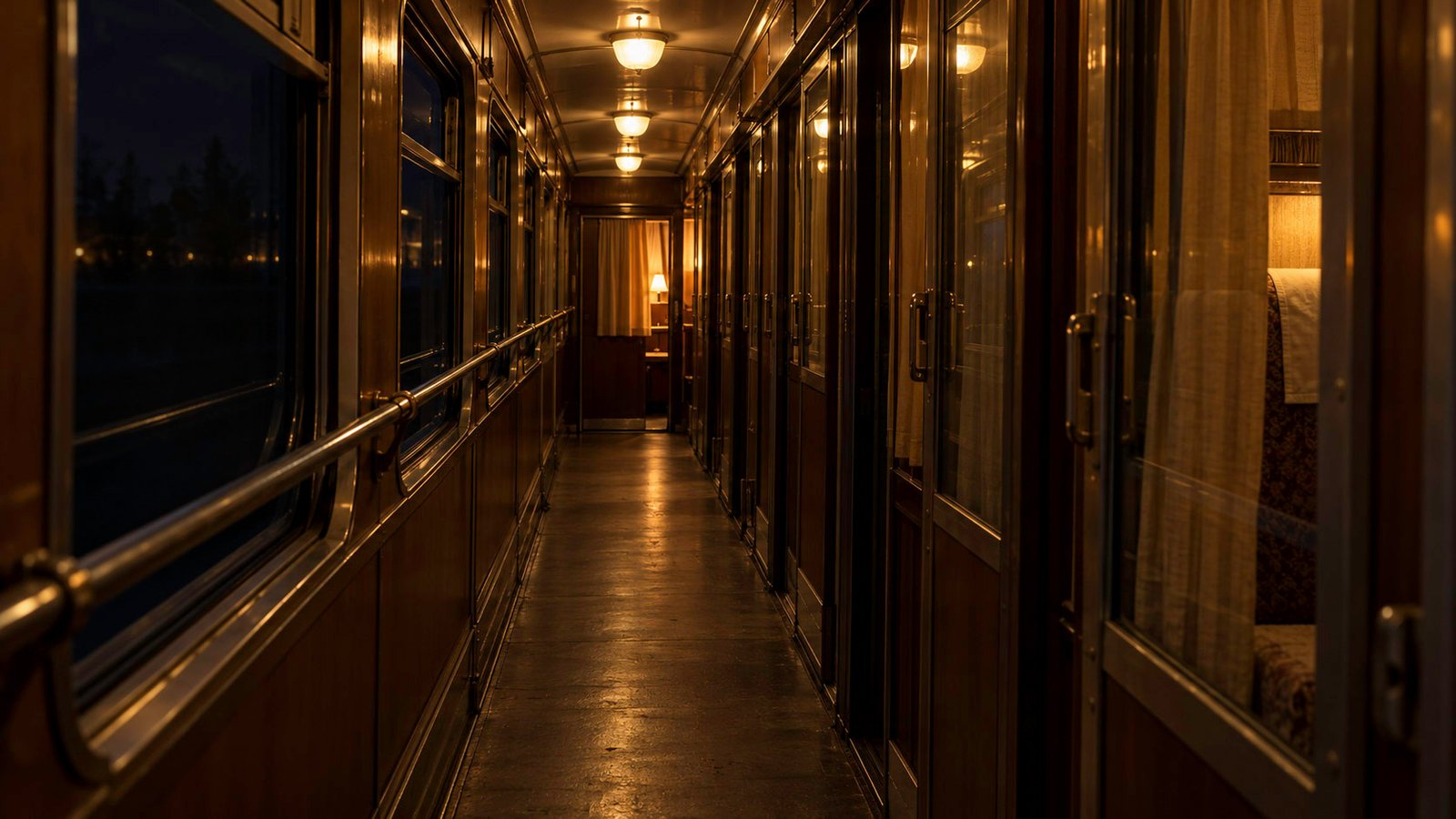 Pasillo vacío de un tren antiguo de noche, con un compartimento iluminado al fondo