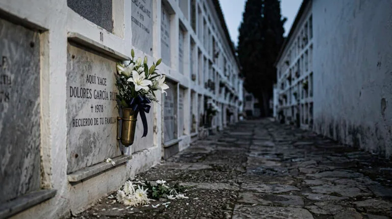 Ramo de lirios blancos con cinta azul marino en un nicho de un cementerio de pueblo al amanecer, con crisantemos caídos en el suelo
