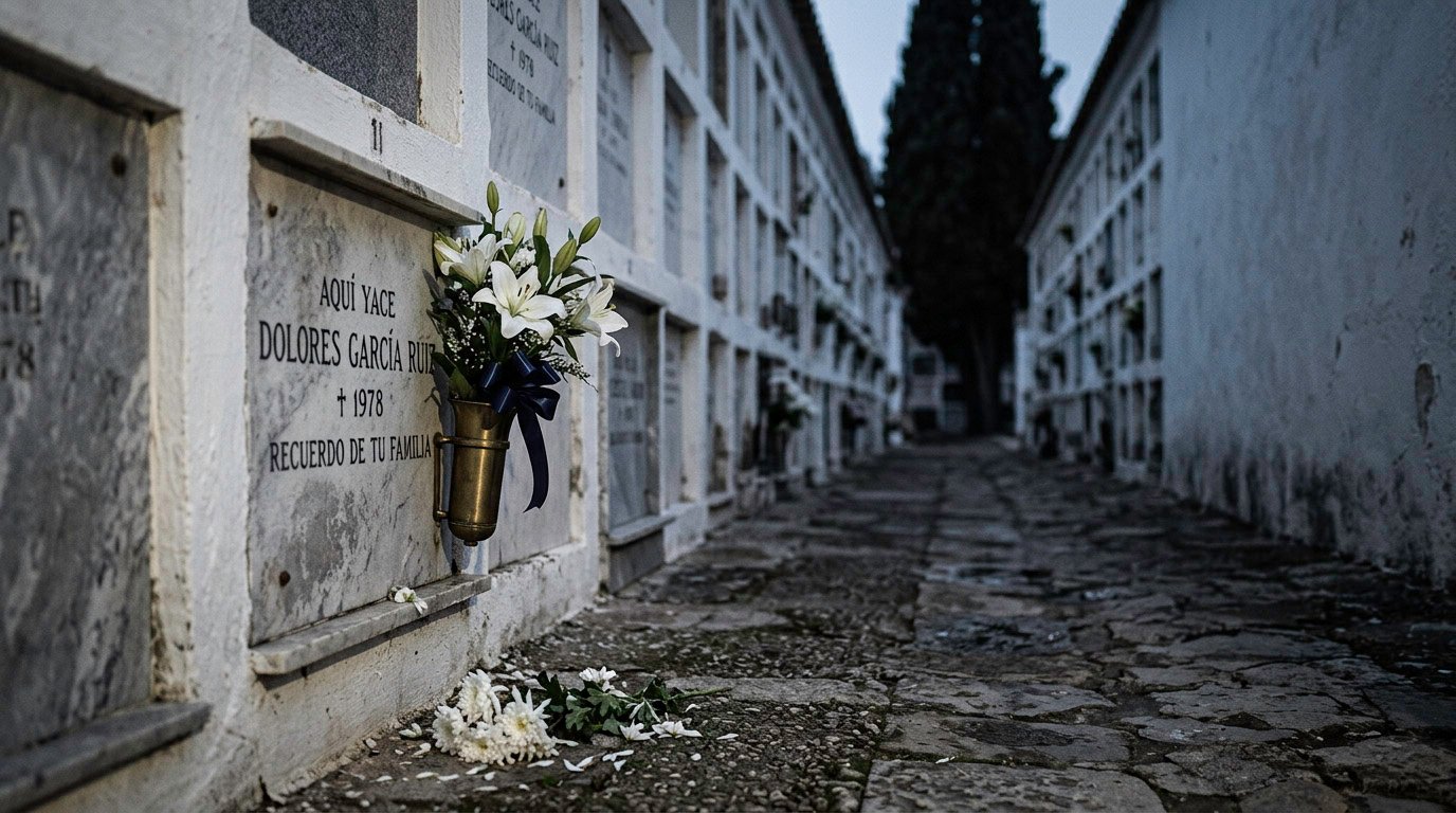 Ramo de lirios blancos con cinta azul marino en un nicho de un cementerio de pueblo al amanecer, con crisantemos caídos en el suelo