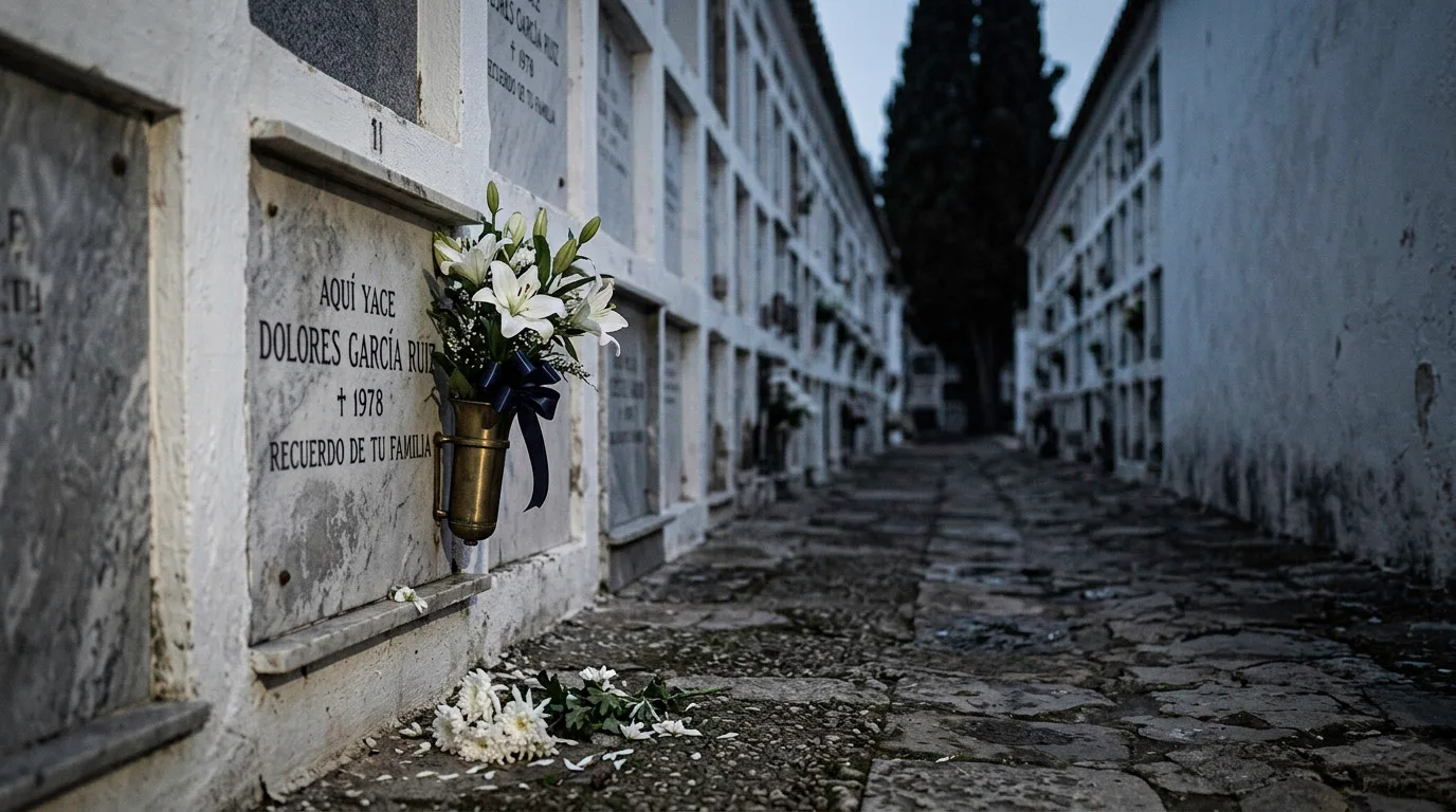 Ramo de lirios blancos con cinta azul marino en un nicho de un cementerio de pueblo al amanecer, con crisantemos caídos en el suelo