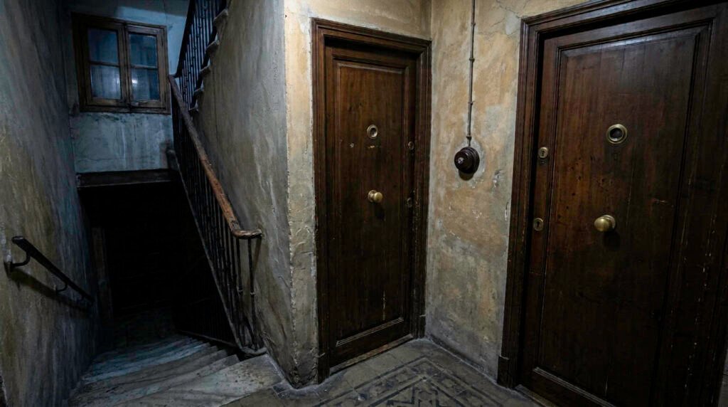 Rellano oscuro de un bloque antiguo con dos puertas de madera y una escalera que baja a la penumbra