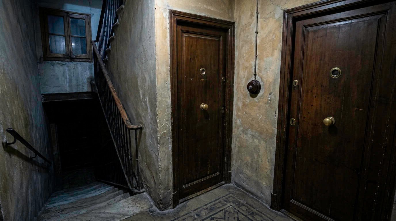 Rellano oscuro de un bloque antiguo con dos puertas de madera y una escalera que baja a la penumbra