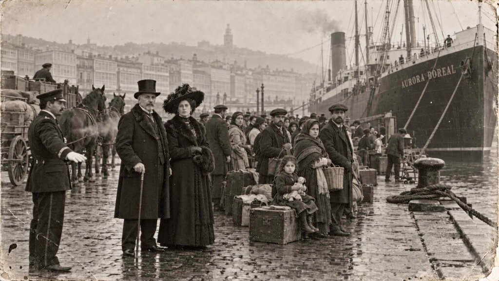 Matrimonio elegante y familia de emigrantes con una niña y su muñeca junto a un vapor en el puerto de A Coruña, en una recreación fotográfica de época.