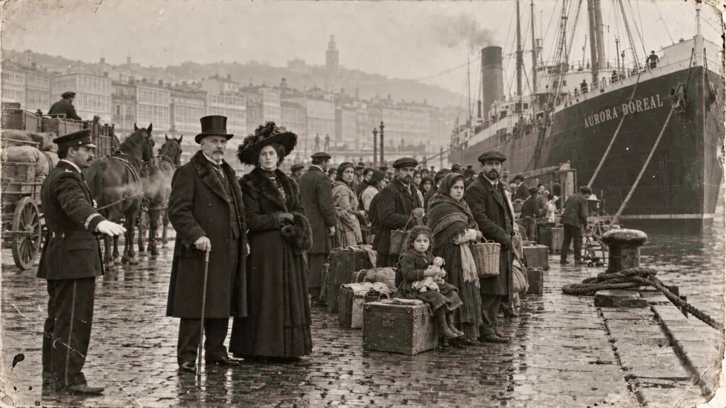 Matrimonio elegante y familia de emigrantes con una niña y su muñeca junto a un vapor en el puerto de A Coruña, en una recreación fotográfica de época.